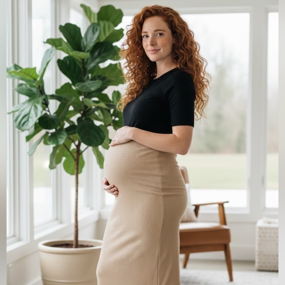 NWT Ingrid + Isabel Maternity Tan Knit Ribbed Pencil Midi Skirt - Size XXL
